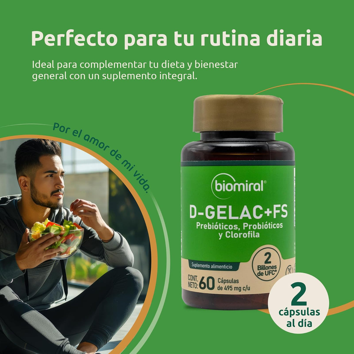 Biomiral D-Gelac+FS Probioticos y Prebioticos, 60 Capsulas | Clorofila, Fibra y Lactobacilos, 495 mg, 2 Billones de UFC, Libre de OGM