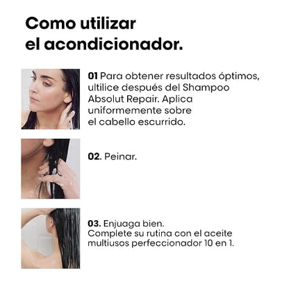 L'Oréal Professionnel Absolut Repair Acondicionador 200ml | Para cabello seco y dañado. Acondicionador que repara y da brillo con proteínas y omega 9, uso después del shampoo.