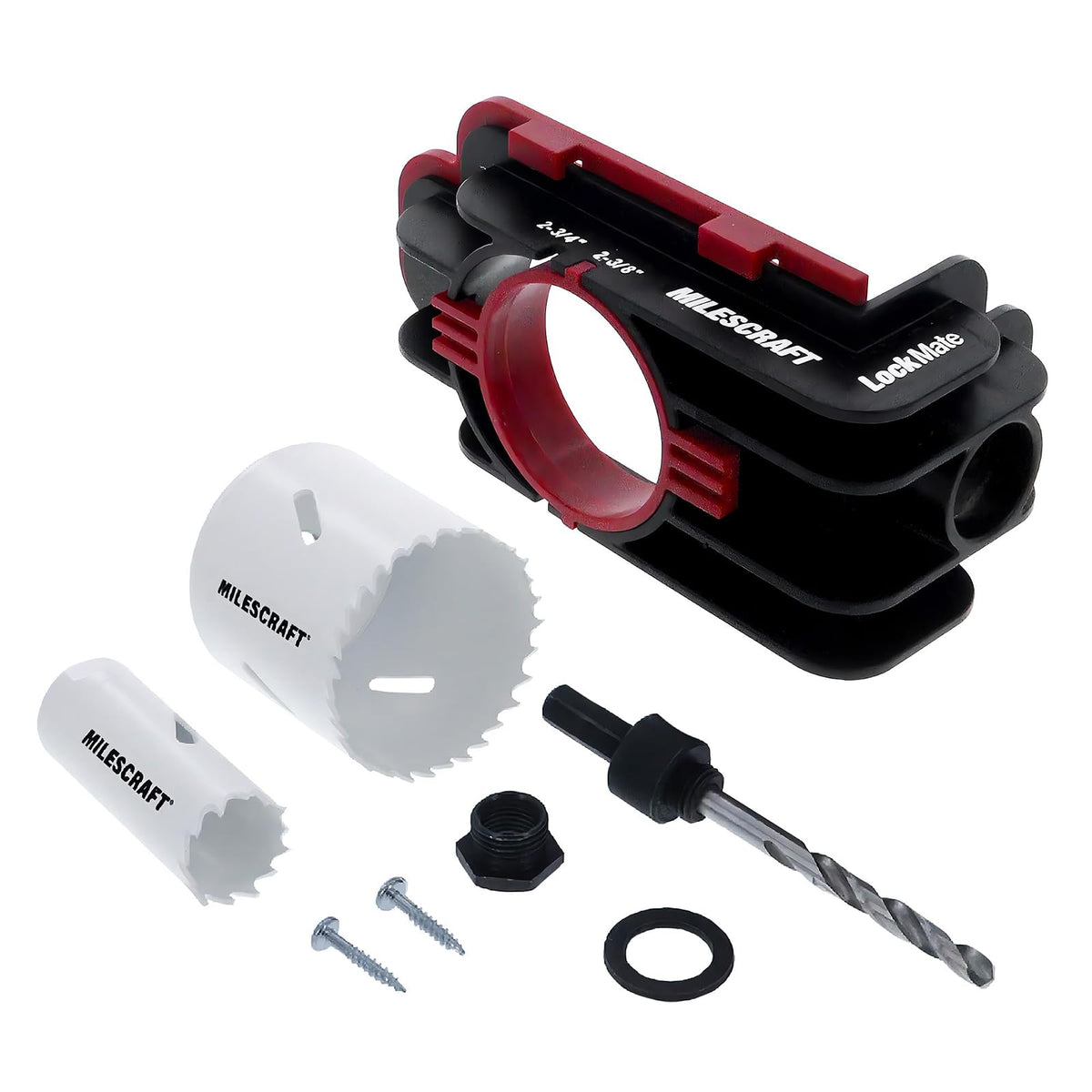 Milescraft 1337 Lock Mate - Kit de instalación de cerradura de puerta con plantilla para puertas de madera/metal, 1-3/8 pulgadas a 1-3/4 pulgadas de grosor. Sierras bi-metálicas de cobalto incluidas