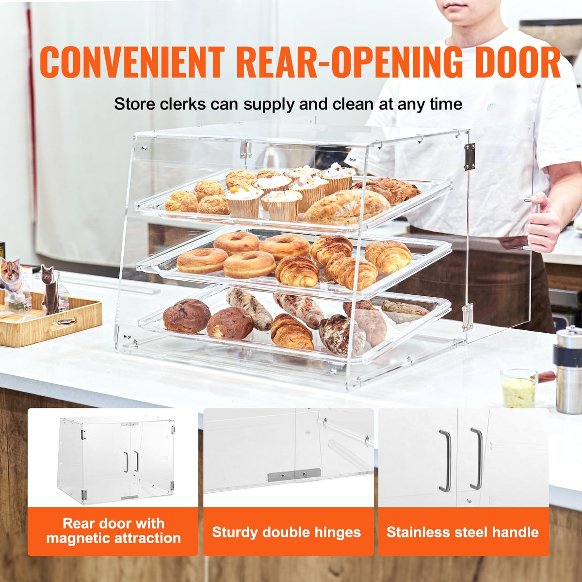 VEVOR - Vitrina de repostería, 3 niveles, vitrina comercial de panadería, caja de exhibición de acrílico con acceso a la puerta trasera y estantes extraíbles, mantiene fresco para rosquillas, galletas
