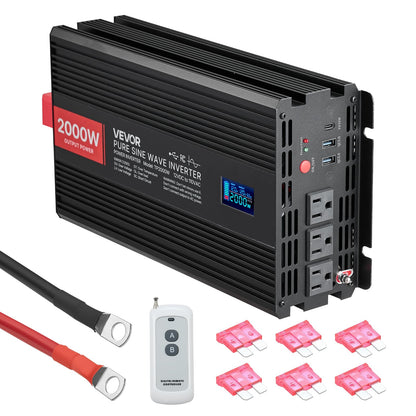 VEVOR Inversor de Onda sinusoidal Pura, 2000 vatios, CC 12 V a CA 120 V inversor de Corriente con 2 Salidas de CA, 2 Puertos USB, 1 Puerto Tipo C, visualización LCD y Control Remoto para Equipos