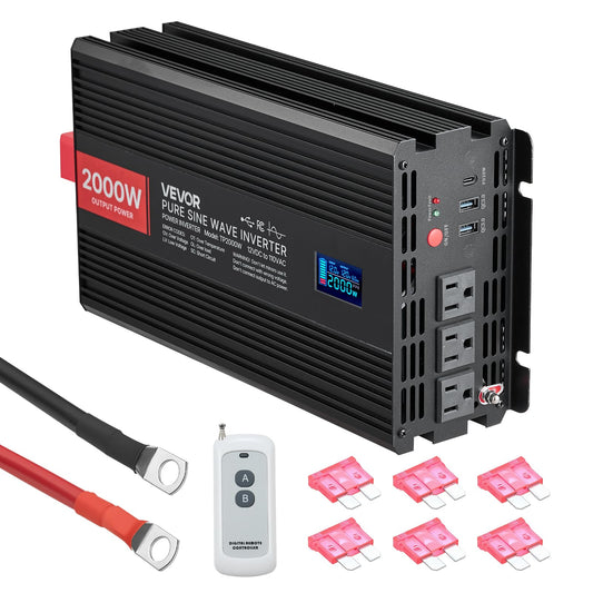 VEVOR Inversor de Onda sinusoidal Pura, 2000 vatios, CC 12 V a CA 120 V inversor de Corriente con 2 Salidas de CA, 2 Puertos USB, 1 Puerto Tipo C, visualización LCD y Control Remoto para Equipos