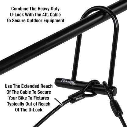 Master Lock Cerradura en U de 7.25 pulgadas con cable de extremo en bucle, negro