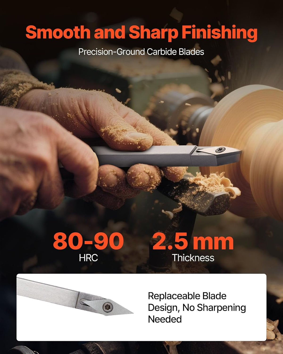VEVOR 6 PCS Juego de Herramientas de Torneado para Madera Herramienta Hueca para Desbaste, Acabado y Detalle con Mango de Madera, Insertos de Carburo Redondos y Cuadrados de Diamante, Caja de Madera