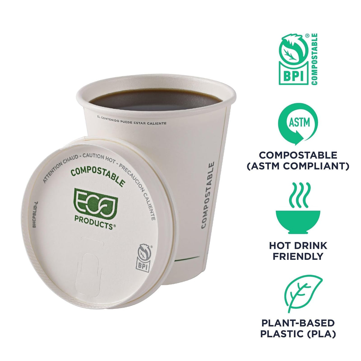 Eco-Products - Tapas de papel compostables para tazas de café, caja de 1000, tapas blancas de rayas verdes, se adapta a tazas calientes de 10 a 20 onzas, forradas con PLA, un material renovable hecho