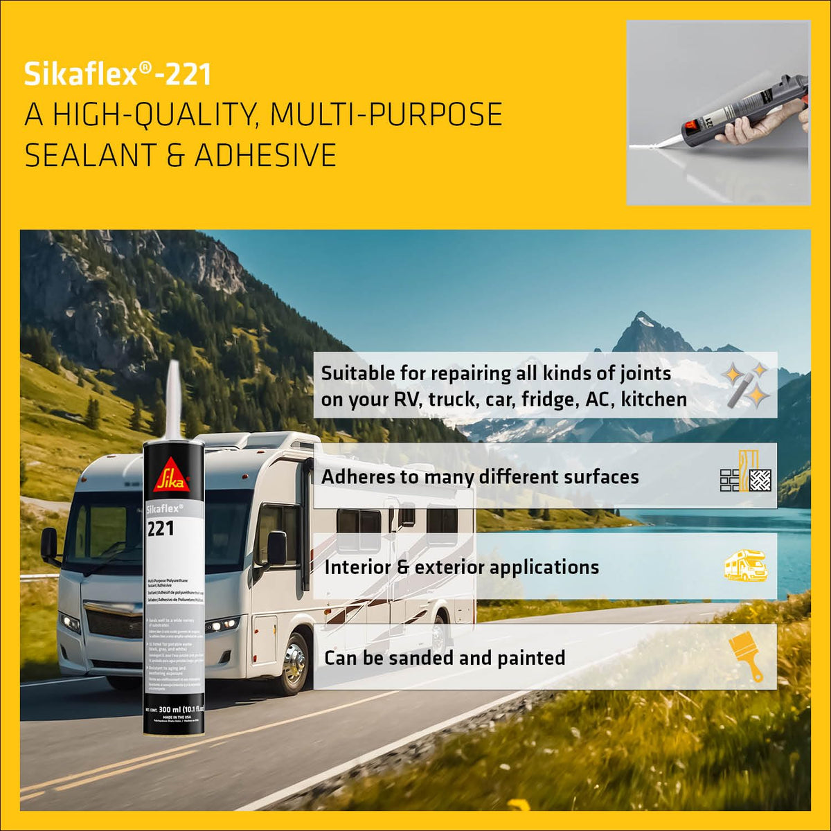 Sika Sikaflex‑221 Blanco | Adhesivo sellador multiusos de poliuretano, secado rápido, resistente al agua | Cartucho 10.1 oz