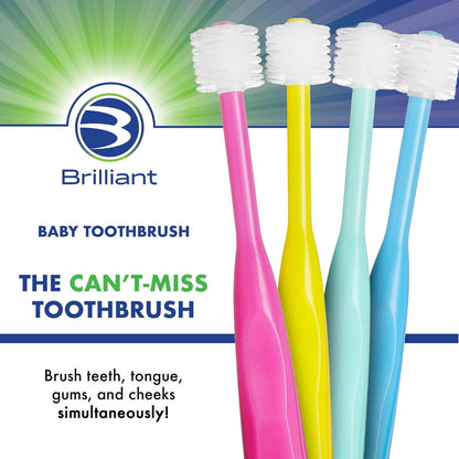 Cepillo de Dientes para Bebé Brilliant Oral Care con Cerdas Suaves y Cabezal Redondo, Aprobado para Niños Pequeños, Fácil de Usar, Limpieza Completa de la Boca, 4-24 Meses (Cuando Salen los Dientes Frontales), Azul, Menta y Amarillo, Paquete de 3
