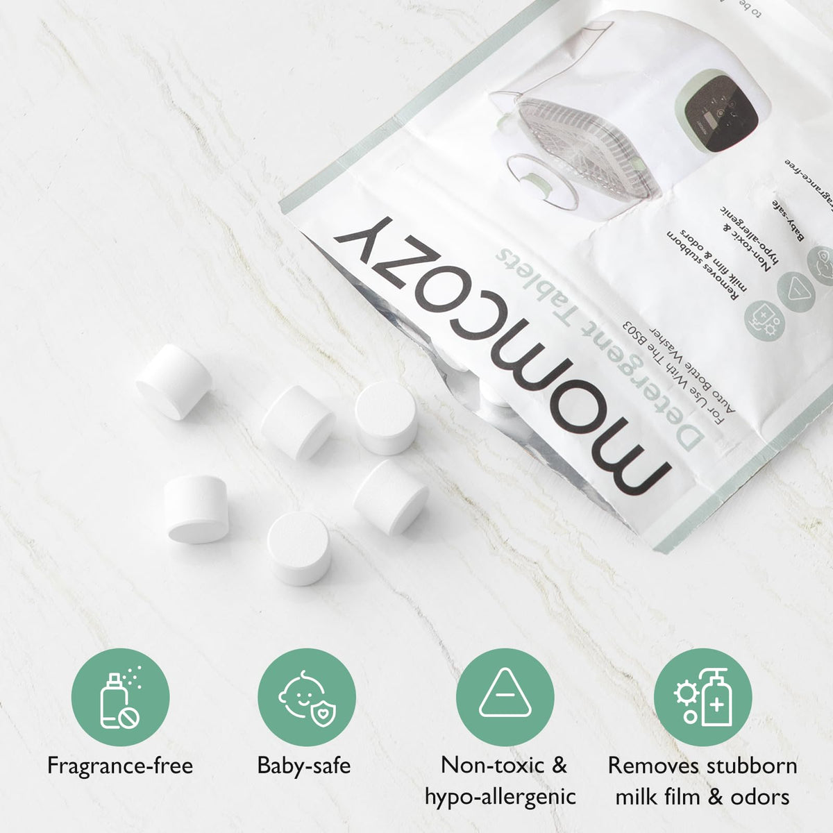 Momcozy Bloque de Lavado Oficial para Lavadora de Biberones KleanPal Pro, 120 Tabletas de Detergente