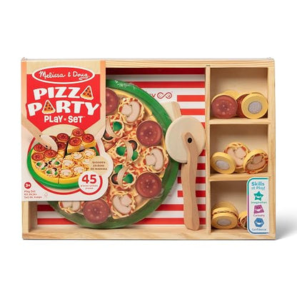 Melissa & Doug Alimentos de Juguete para Fiesta de Pizza, Juego de Imitación de Hacer Pizza, Juguete de Madera Pestañas Autoadhesivas, Más de 30 Piezas