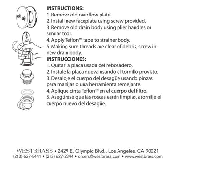 Westbrass Tapón de drenaje para bañera NPSM de rosca gruesa de 3,8 cm con placa frontal de desbordamiento de 2 agujeros, níquel pulido, R93-2-05, 1 paquete