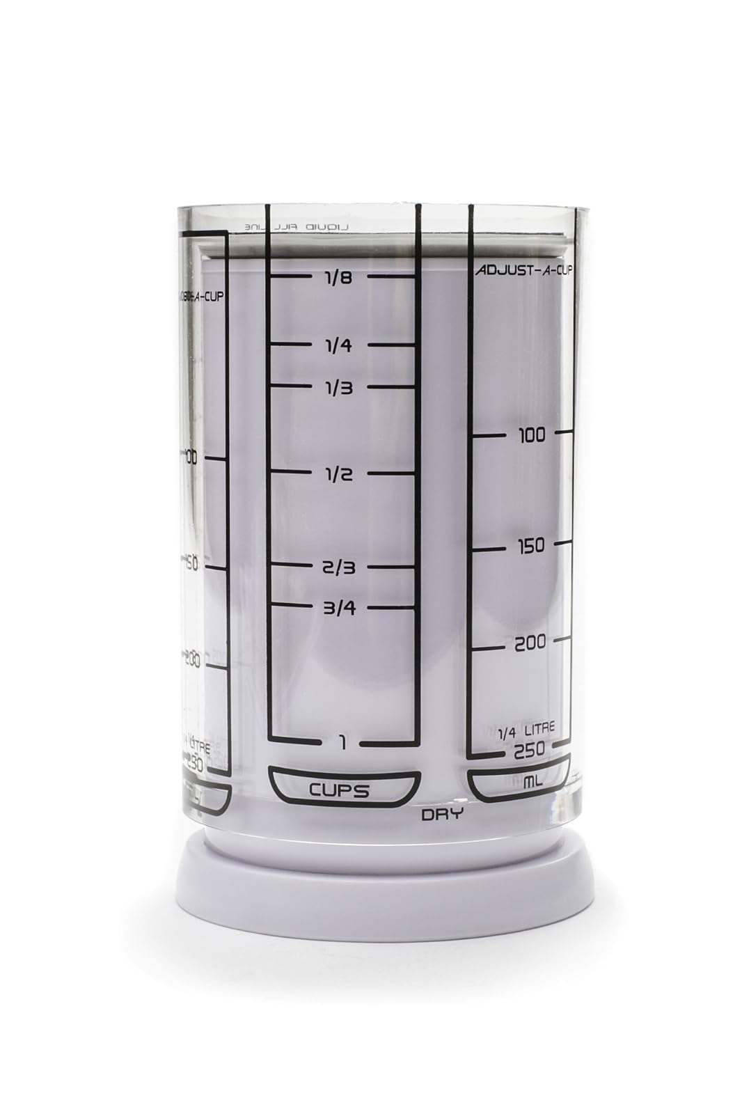 KitchenArt Taza Medidora Ajustable de 2 Tazas, Color Blanco | Taza medidora de émbolo | Mide entre 1/8 taza y 1 taza | Incluye conversiones | Gadget de cocina | Mide sólidos y líquidos