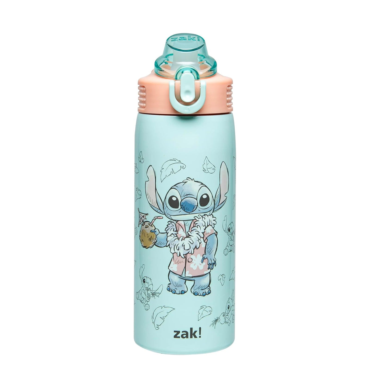 Zak Designs Botella de Agua Infantil de Acero Inoxidable con Popote - 0.6 Litros - Stitch (salvia)
