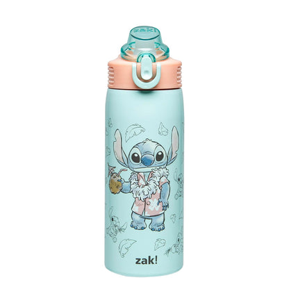 Zak Designs Botella de Agua Infantil de Acero Inoxidable con Popote - 0.6 Litros - Stitch (salvia)