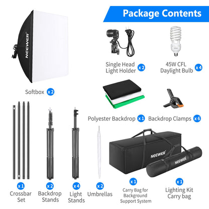 NEEWER 2.6m x 3m / 8.5ft x 10ft Sistema de Soporte de Fondo y 800W 5500K Caja de Luz de Paraguas Kit de Iluminación Continua para Producto de Estudio Fotográfico, Fotografía de Retrato y Video