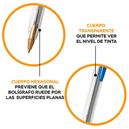 BIC Bolígrafo Cristal Dura + Punto Mediano 1.00 mm Cuerpo Hexagonal Tapa Ventilada para Evitar Asfixia Color Azul 50 Piezas