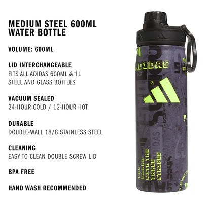 adidas - Botella de agua de metal, 600 ml | Aislamiento de doble pared, tapa resistente a fugas, sin BPA, duradero, entrenamientos y uso diario