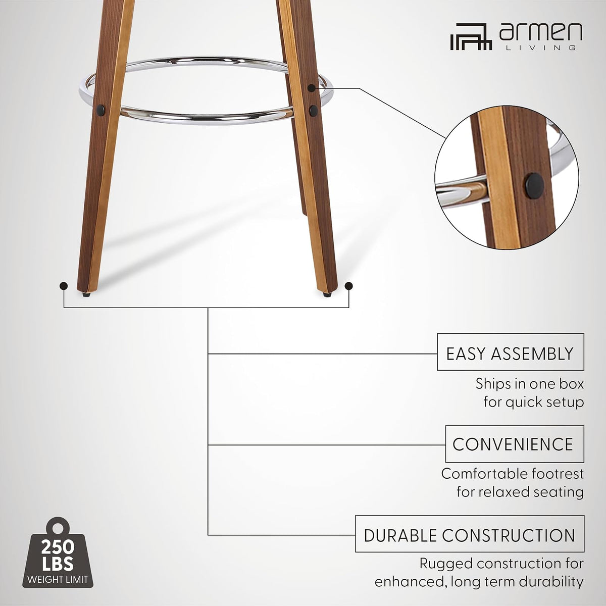 Armen Living Shelly - Taburete Giratorio Moderno de 26 Pulgadas de Altura del Asiento de Mediados de Siglo para mostrador de Isla de Cocina en Piel sintética café y Madera de Nogal