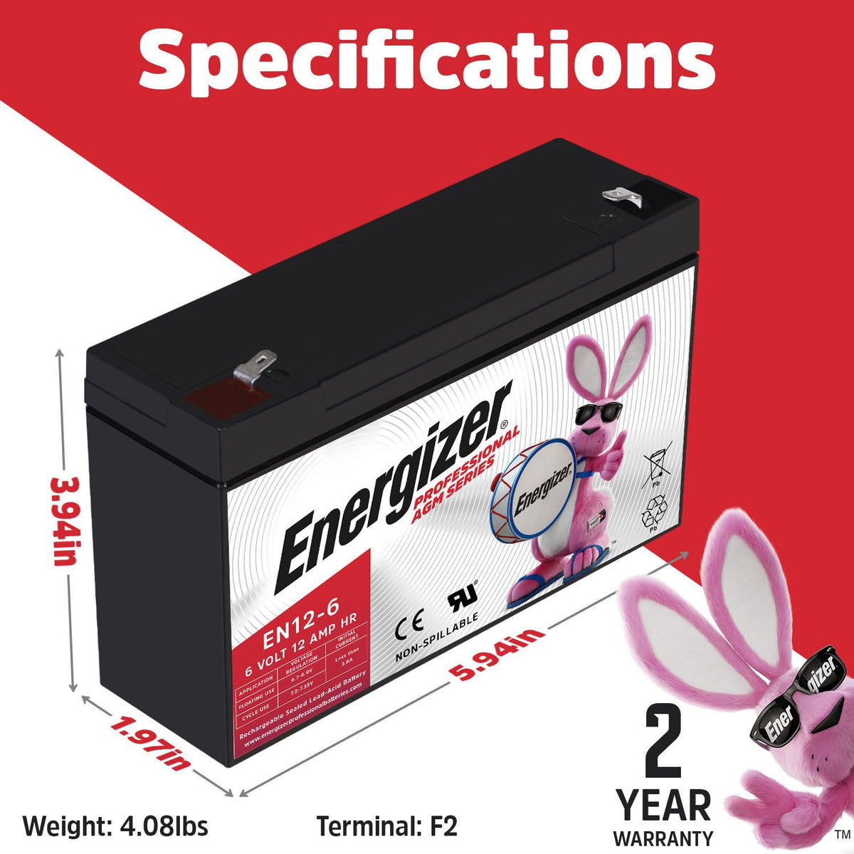 Energizer EN12-6, 6 Volt 12 Amp HR, Long Lasting Sealed Lead Acid AGM Rechargeable Battery Ideal For Use In Garage Door, Alarm Panels, Emergency Lighting, Kids Ride On, Backup, and More