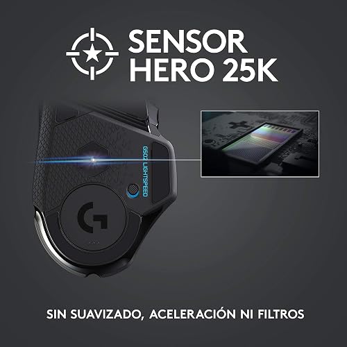 Logitech G502 Lightspeed Mouse Inalámbrico Gamer, Hero 25K, 25,600 dpi, RGB, Peso Reducido, 11 Botones Programables, Batería de Larga Duración, con POWERPLAY, PC, Color Negro