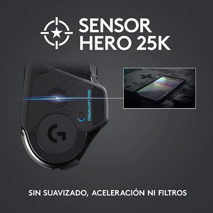 Logitech G502 Lightspeed Mouse Inalámbrico Gamer, Hero 25K, 25,600 dpi, RGB, Peso Reducido, 11 Botones Programables, Batería de Larga Duración, con POWERPLAY, PC, Color Negro