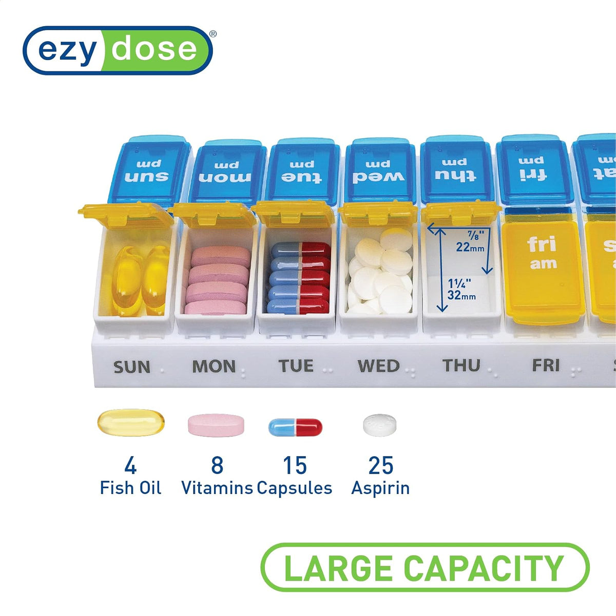 EZY DOSE - Estuche semanal para píldoras (7 días), planificador de medicamentos, caja organizadora de vitaminas, 2 veces al día AM/PM, compartimentos grandes para salir, prácticos y fáciles de usar,