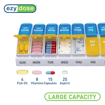 EZY DOSE - Estuche semanal para píldoras (7 días), planificador de medicamentos, caja organizadora de vitaminas, 2 veces al día AM/PM, compartimentos grandes para salir, prácticos y fáciles de usar,