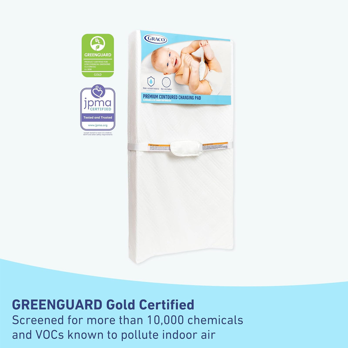 Colchón cambiador contorneado premium Graco — Certificación GREENGUARD Gold, resistente al agua, funda suave con hebilla, compatible con la mayoría de cambiadores estándar, base antideslizante