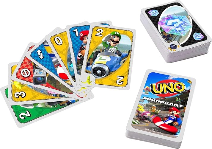Juego de Cartas UNO de Mario Kart con 112 Cartas e Instrucciones (Idioma español no garantizado), para Jugadores de 7 años y más, Regalo para niños, Familia y Adultos