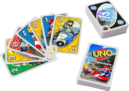 Juego de Cartas UNO de Mario Kart con 112 Cartas e Instrucciones (Idioma español no garantizado), para Jugadores de 7 años y más, Regalo para niños, Familia y Adultos