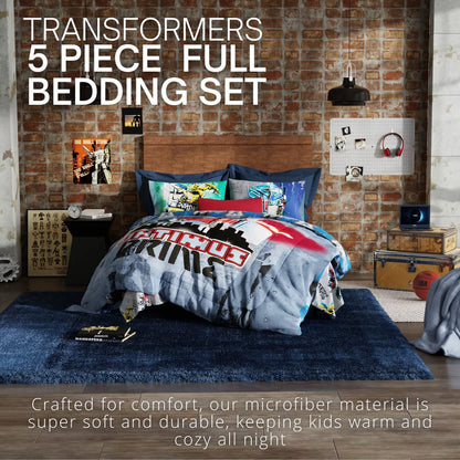 Franco Transformers Battle in Brooklyn Optimus Prime - Juego de edredón y sábanas súper Suaves para niños con Funda, 5 Piezas de tamaño matrimonial (Producto Oficial con Licencia)