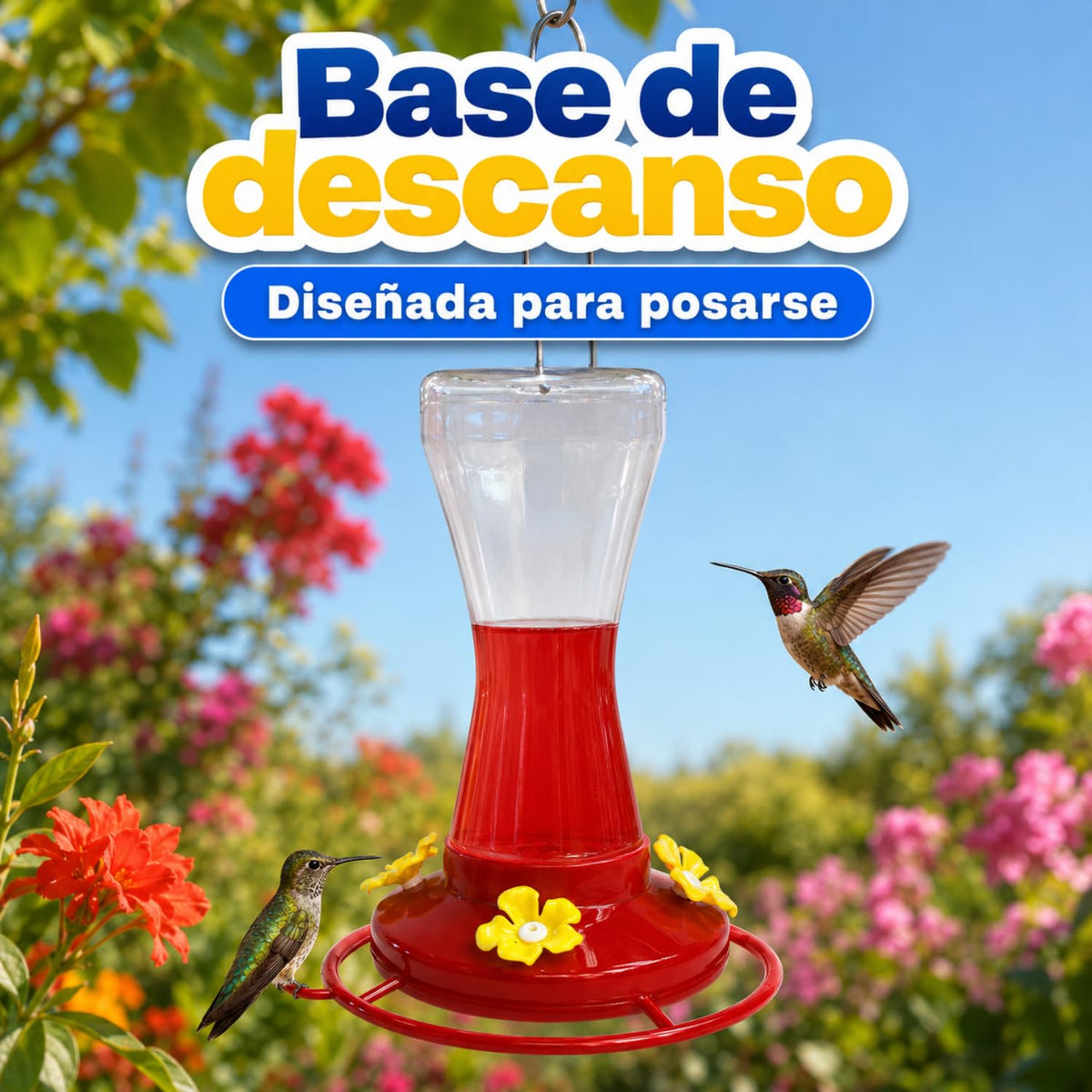 Red Kite Bebedero para Colibrí con 4 Estaciones de Alimentación | 470 ml | Base con Descanso | Plástico Transparente | Incluye Gancho y Alambre para Colgar