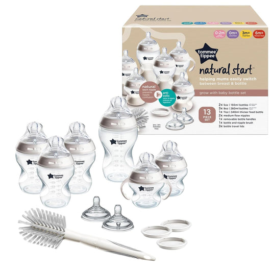 Tommee Tippee Set de Biberones Natural Start, Tetina Tipo Pecho, 0m+ | 12 Piezas, 2x150ml, 3x260ml, 1x340ml, Tetinas Flujo Lento, Medio y Espeso, Cepillo de Limpieza, Mamila Libre de BPA
