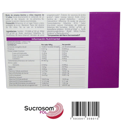 Sucrosom FOL Hierro Sucrosomial + Ácido Fólico y Vitaminas – Suplemento Alimenticio para la Mujer – Sobres en Polvo