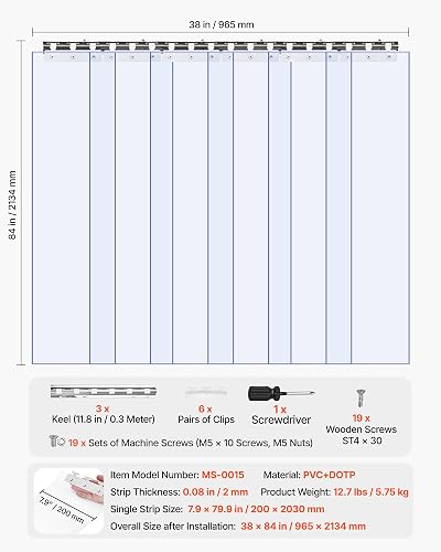 VEVOR Cortina de Tiras Transparente 96,5 x 213,4 cm, Cortina de Puerta de PVC con 6 Tiras de Plástico Espesor de 2 mm, para Puerta de Congelador, Almacén, Refrigerador de Supermercado, Garajes