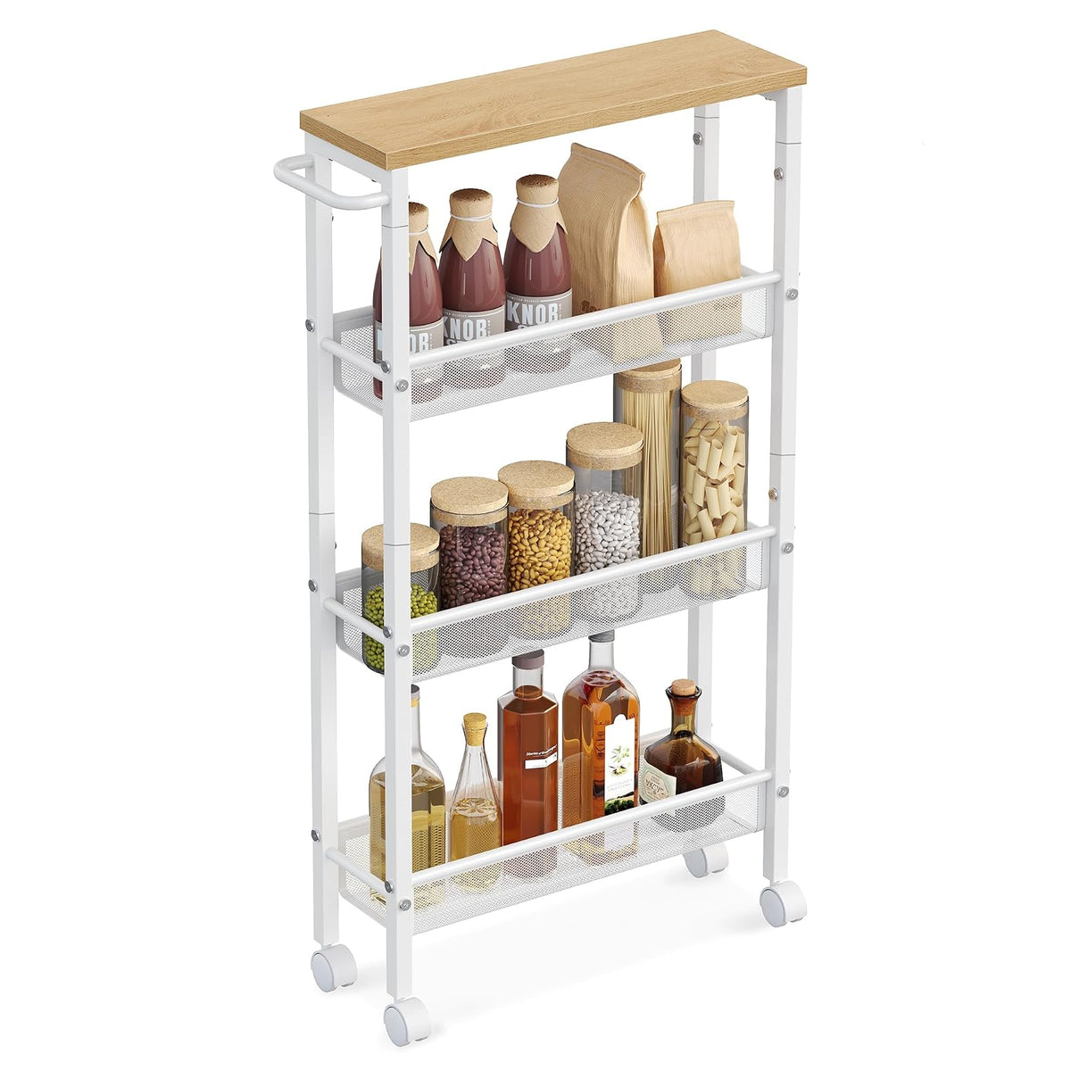VASAGLE Carrito Organizador Slim de 4 Niveles con Ruedas - 13W cm - Blanco + Madera Natural