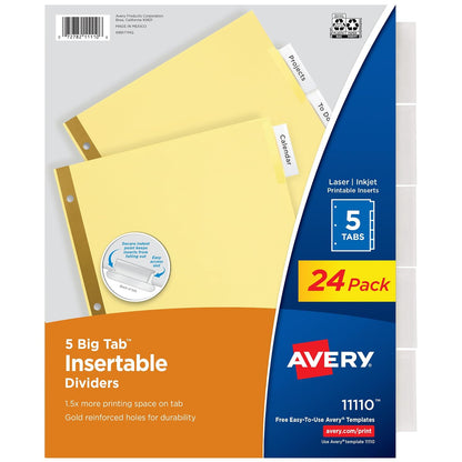 Avery 11113 - Divisores insertables para carpeta de 3 anillos, juego de 5 pestañas, pestañas grandes transparentes, papel pulido con refuerzo dorado, 24 juegos, ideal para organizar proyectos