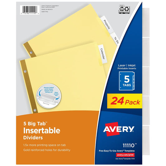 Avery 11113 - Divisores insertables para carpeta de 3 anillos, juego de 5 pestañas, pestañas grandes transparentes, papel pulido con refuerzo dorado, 24 juegos, ideal para organizar proyectos