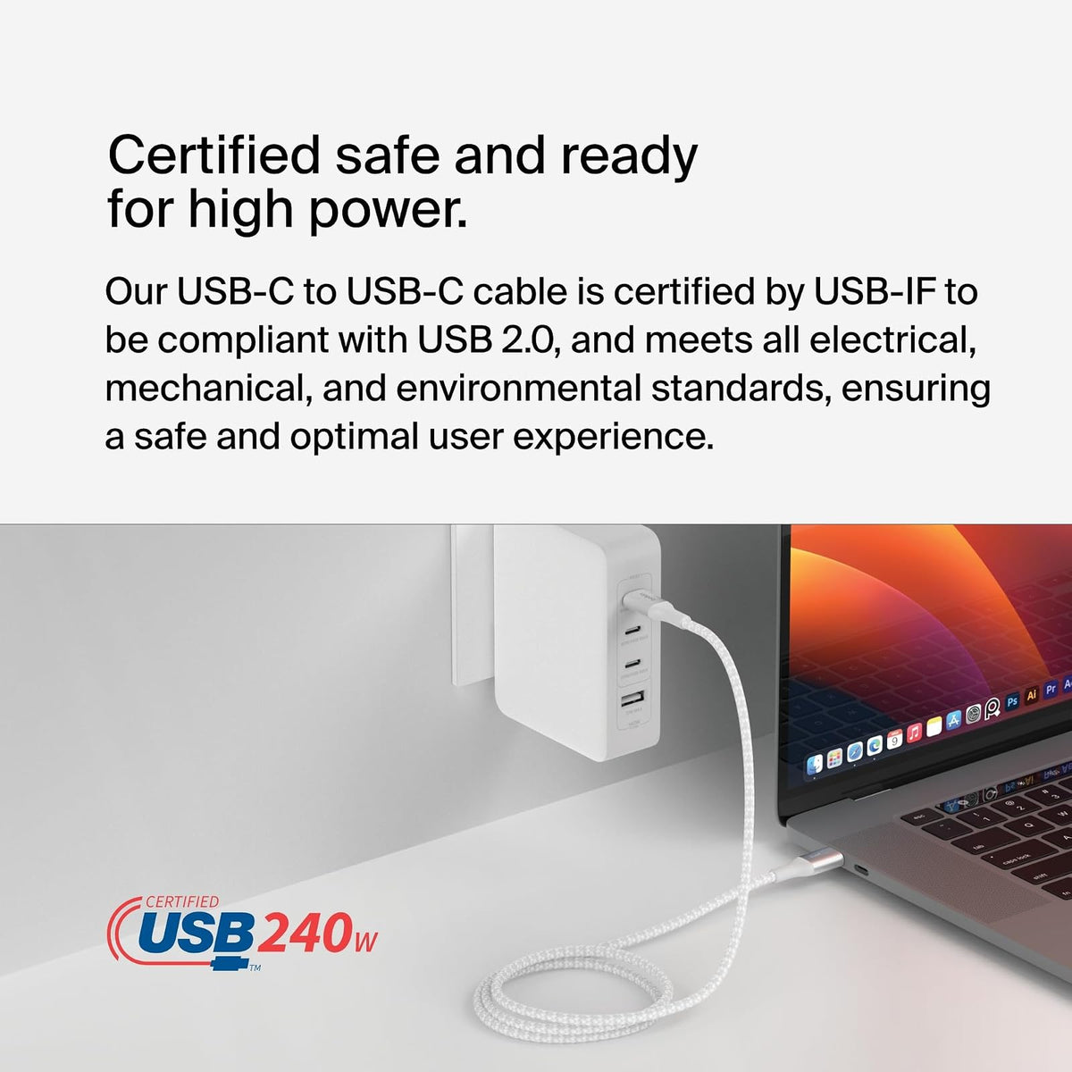 Belkin BoostCharge - Cable de alimentación USB-C a USB-C (2 M/6.5 pies) de carga rápida de 240 W de entrega de alimentación USB-IF para MacBook Pro, iPad, iPhone 16 Series, Galaxy S25 Series, Nintendo