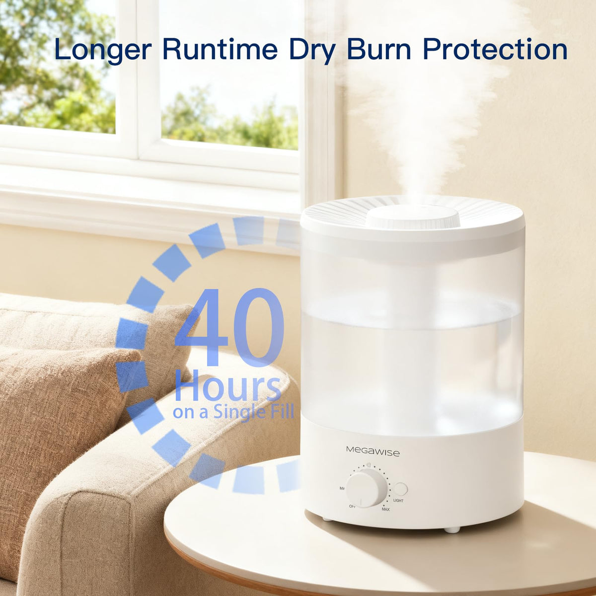 Humidificador MegaWise Topfill con luz nocturna de 7 colores, gran capacidad de 3,5 L, diseño antifugas y vapor fino.