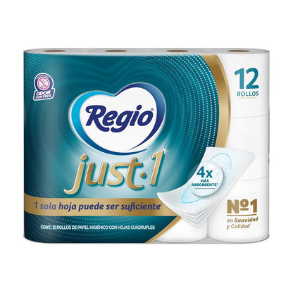 Regio Just 1 Papel Higiénico, Con Hojas Cuádruples 50% Mas Gruesas, Centro Suave, 12 Rollos