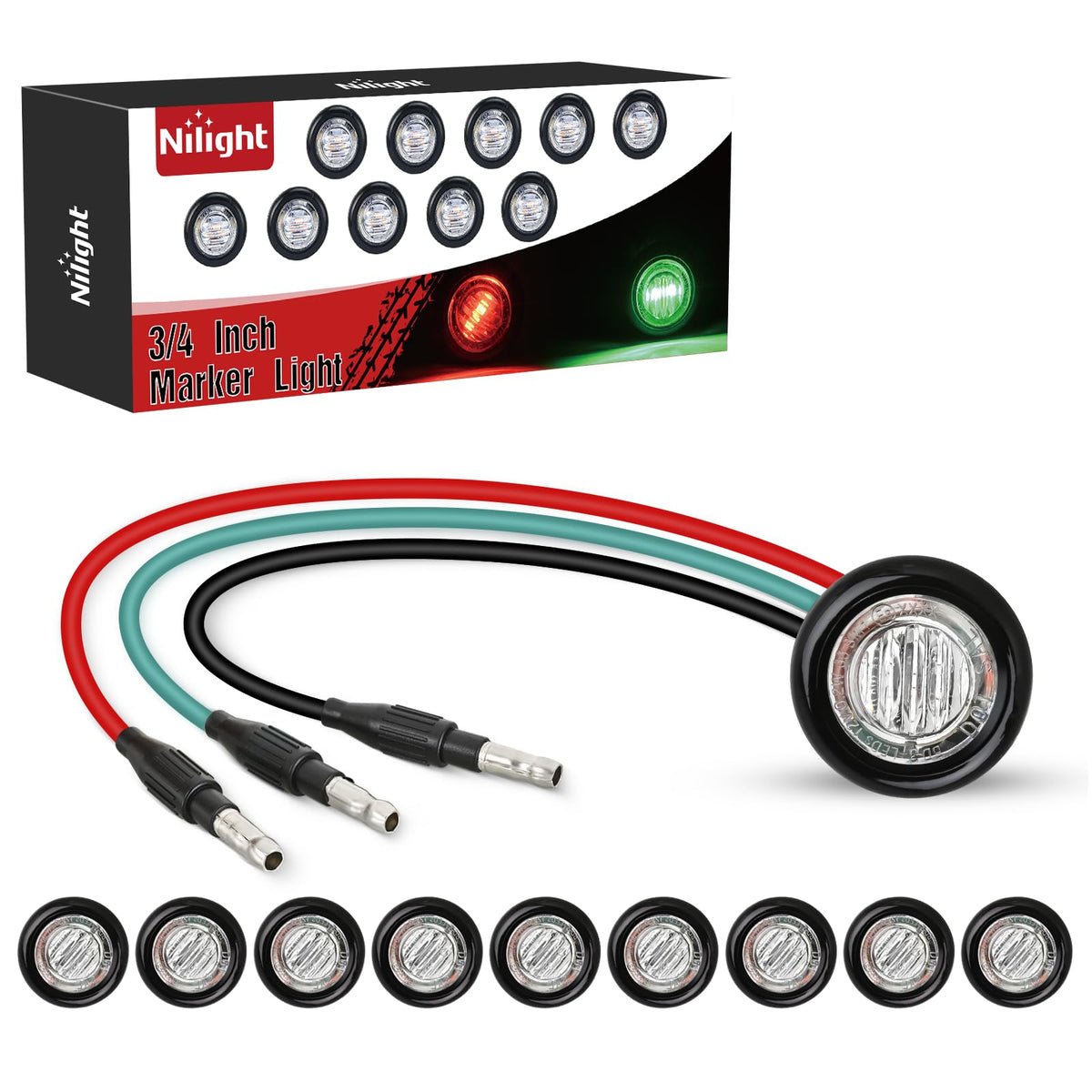 Nilight 3/4" Dual Color Marker Light 10PCS Red to Green Brake Auxiliary Side Marker Clearance Indicator Bullet Lights 3 Plug IP68 Waterproof for Trailer Truck Pickup Camper RV ATV UTV Van Bus