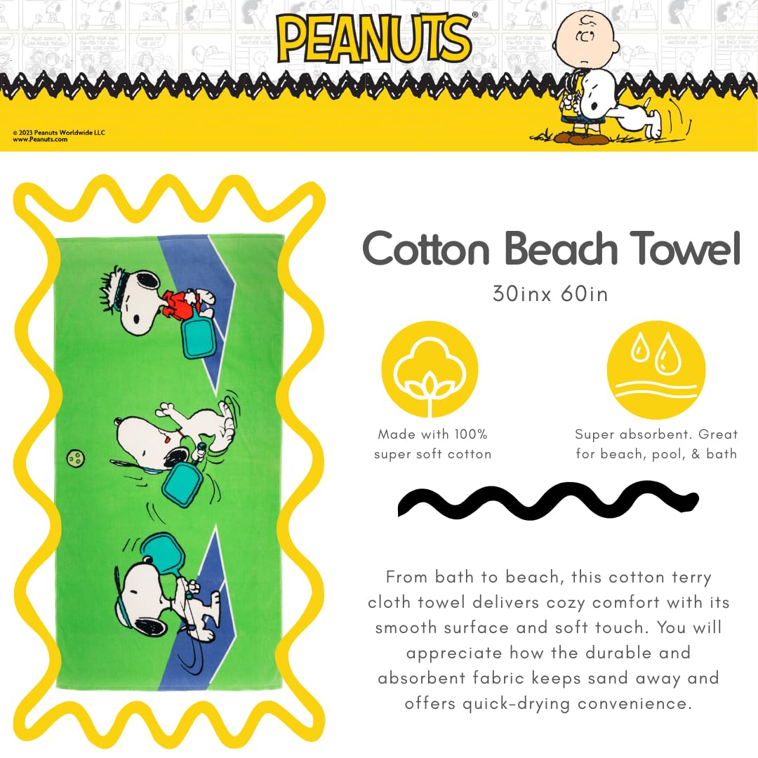 Franco Collectibles Peanuts Snoopy Pickleball Tennis Toalla de baño, Piscina y Playa, 152 x 76 cm, (Producto 100% Oficial de Cacahuetes)