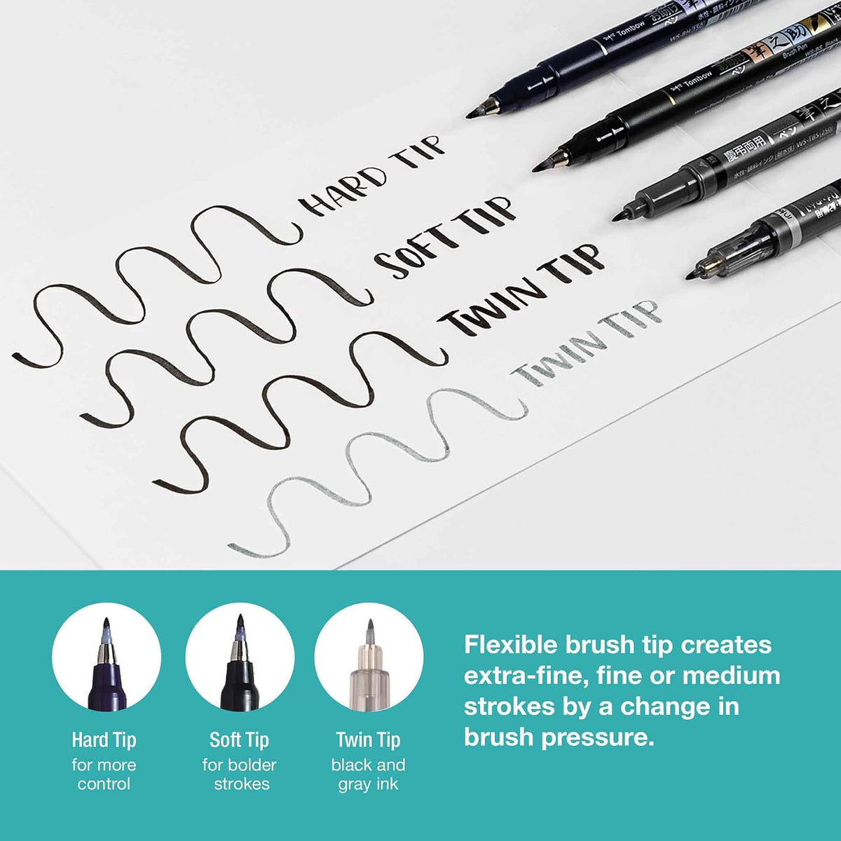 Tombow 62038 Fudenosuke Bolígrafo de pincel, paquete de 2 Punta suave y dura, Negro, Paquete de 3, 1, 3