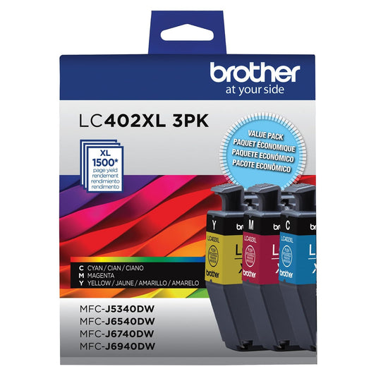 Brother LC402XL - Paquete de 3 Cartuchos de Tinta Cian, Magenta y Amarilla de Alto Rendimiento, Color Negro