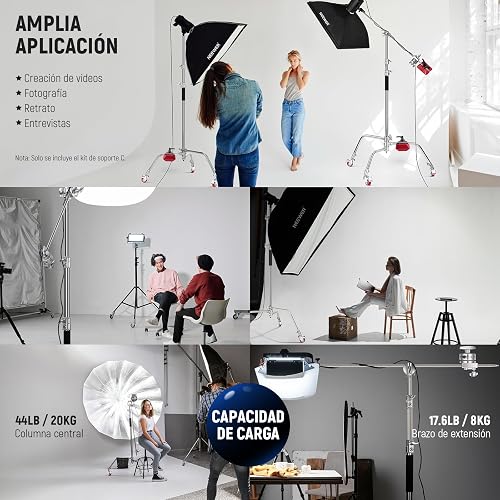 NEEWER C Stand Luz Resistente 3,4m Trípode Soporte de Fotografía de Metal con Amortiguador de Resorte Integrado y 1/4" Tornillo para Iluminación LED de Estudio y Cámara DSLR, Carga Máxima: 10kg, Negro