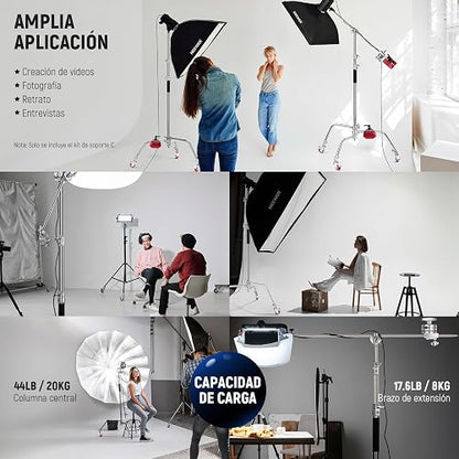 NEEWER C Stand Luz Resistente 3,4m Trípode Soporte de Fotografía de Metal con Amortiguador de Resorte Integrado y 1/4" Tornillo para Iluminación LED de Estudio y Cámara DSLR, Carga Máxima: 10kg, Negro