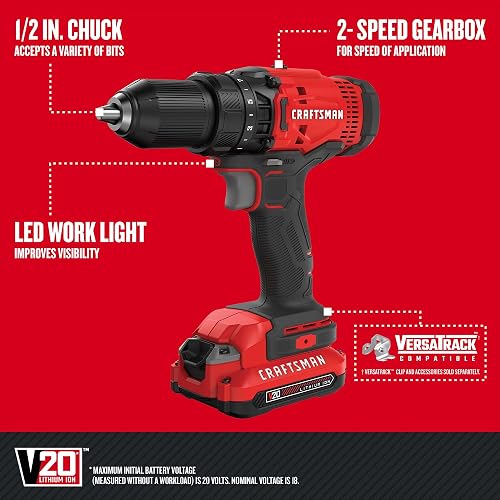CRAFTSMAN Kit Taladro Inalámbrico y Atornillador Impacto 20V, CMCK200C2 | Kit Taladro Inalámbrico, Atornillador de Impacto, 20V, Incluye 2 Baterías, Bolsa de Herramientas
