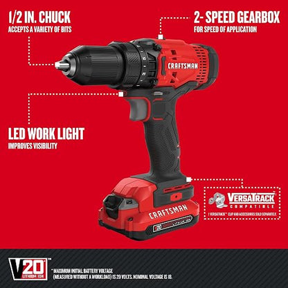 CRAFTSMAN Kit Taladro Inalámbrico y Atornillador Impacto 20V, CMCK200C2 | Kit Taladro Inalámbrico, Atornillador de Impacto, 20V, Incluye 2 Baterías, Bolsa de Herramientas