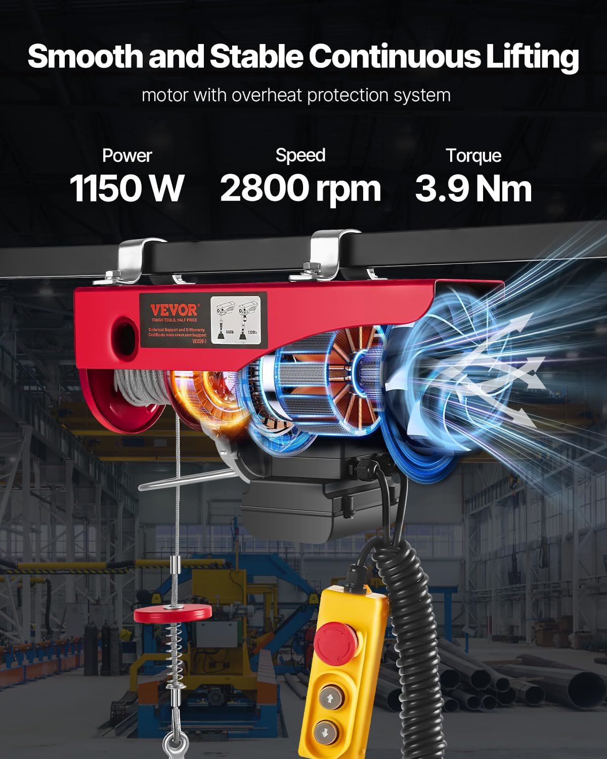 VEVOR - Polipasto eléctrico con control remoto, cabrestante eléctrico de 1200 libras, polipasto eléctrico de 110 V con control de cable de 15 pies para levantar en fábricas, almacenes, sitio de