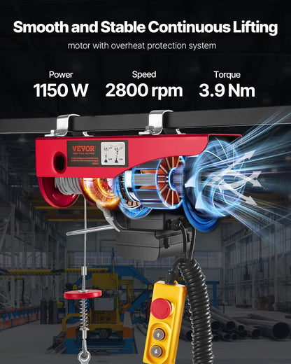 VEVOR - Polipasto eléctrico con control remoto, cabrestante eléctrico de 1200 libras, polipasto eléctrico de 110 V con control de cable de 15 pies para levantar en fábricas, almacenes, sitio de